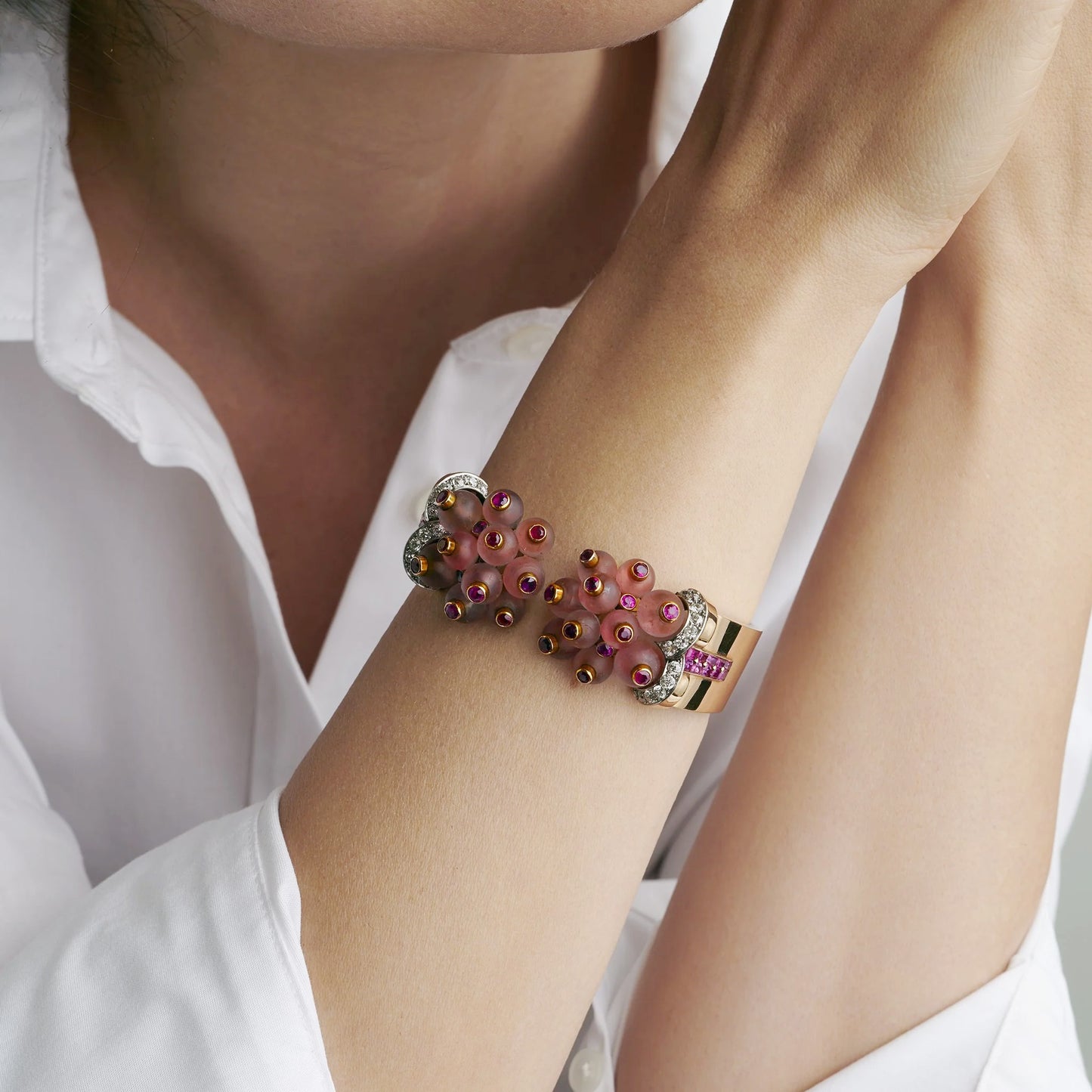 Macklowe Gallery Georges Verger Retro Rose Quartz and Ruby Bracelet Cuff