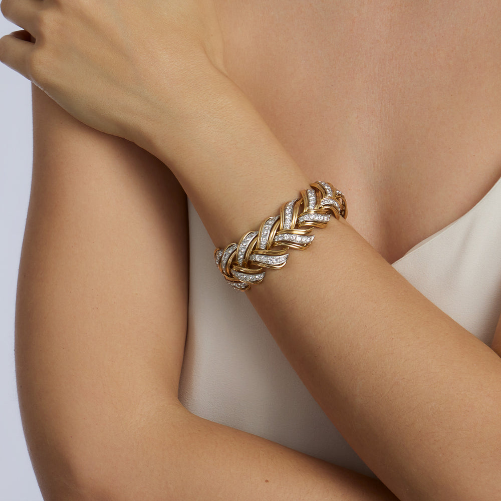 Macklowe Gallery French 18K Gold and Diamond Braided Leaf Bracelet