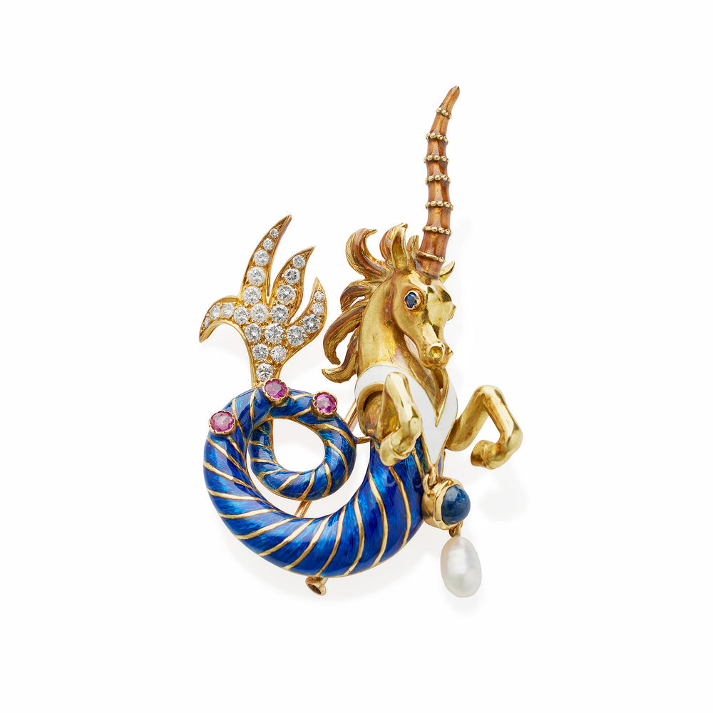 Macklowe Gallery French 1960s Enamel and Gem-set Sea Unicorn Brooch, Jean Thierry Bondt