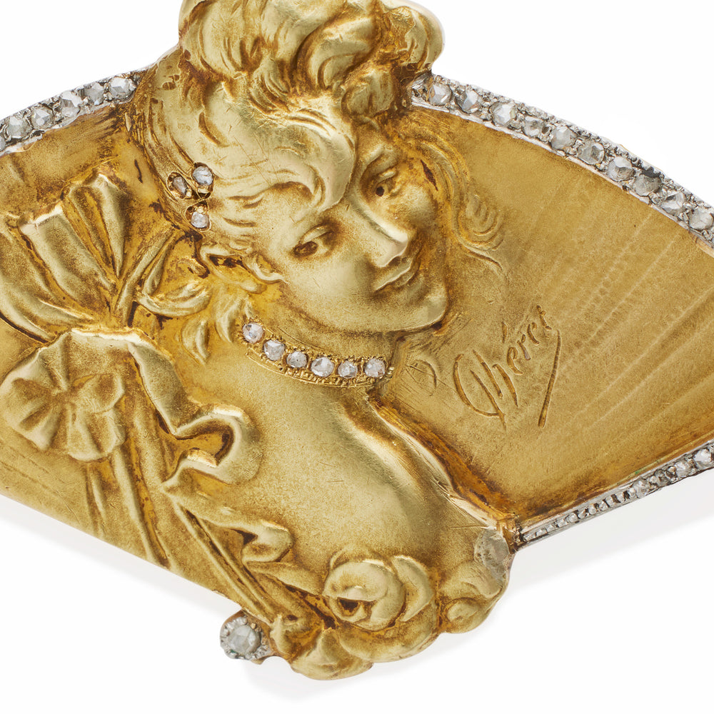 
                      
                        Macklowe Gallery Jules Chéret Art Nouveau 18K Gold and Rose-cut Diamond Brooch
                      
                    