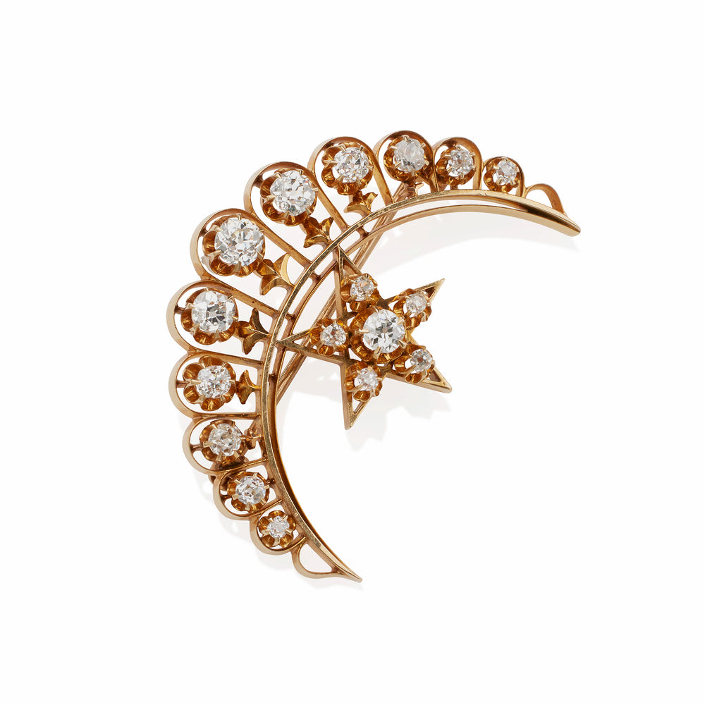 
                      
                        Macklowe Gallery Old Mine-cut Diamond Star and Crescent New Moon Brooch
                      
                    