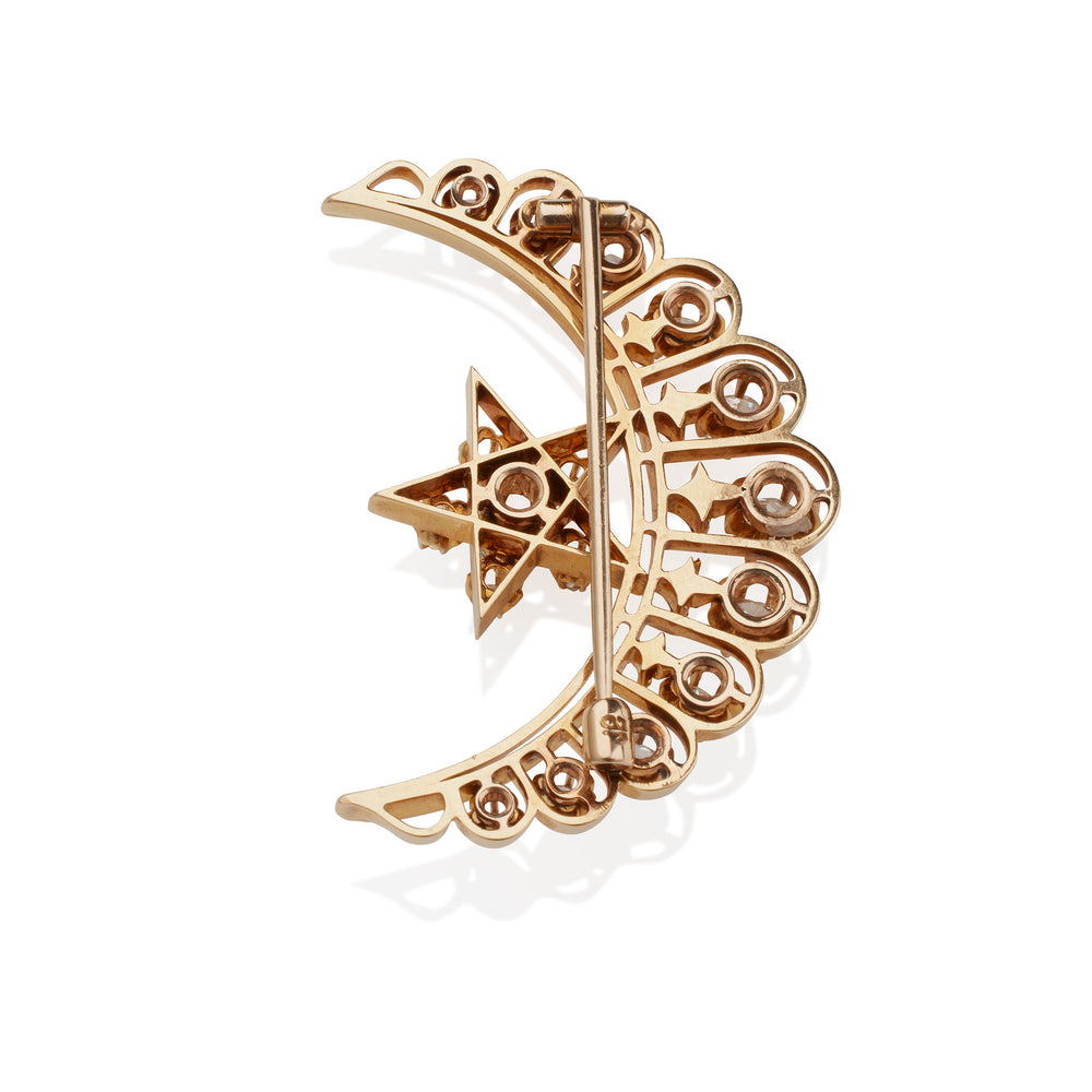 
                      
                        Macklowe Gallery Old Mine-cut Diamond Star and Crescent New Moon Brooch
                      
                    