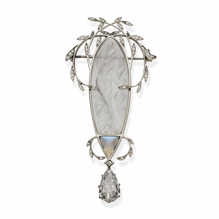 Macklowe Gallery René Lalique Diamond and Carved Crystal Brooch