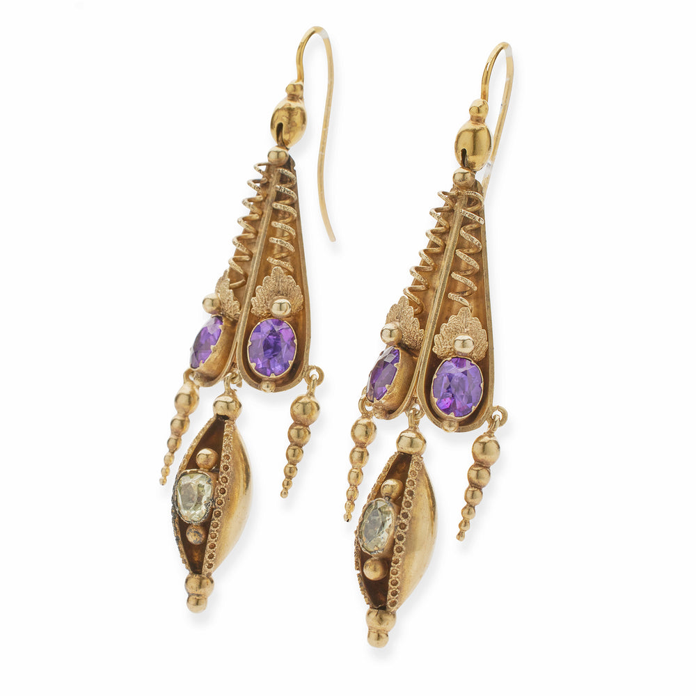 
                      
                        Macklowe Gallery English 15k Gold Amethyst and Green Chrosberyl Pendant Earrings
                      
                    