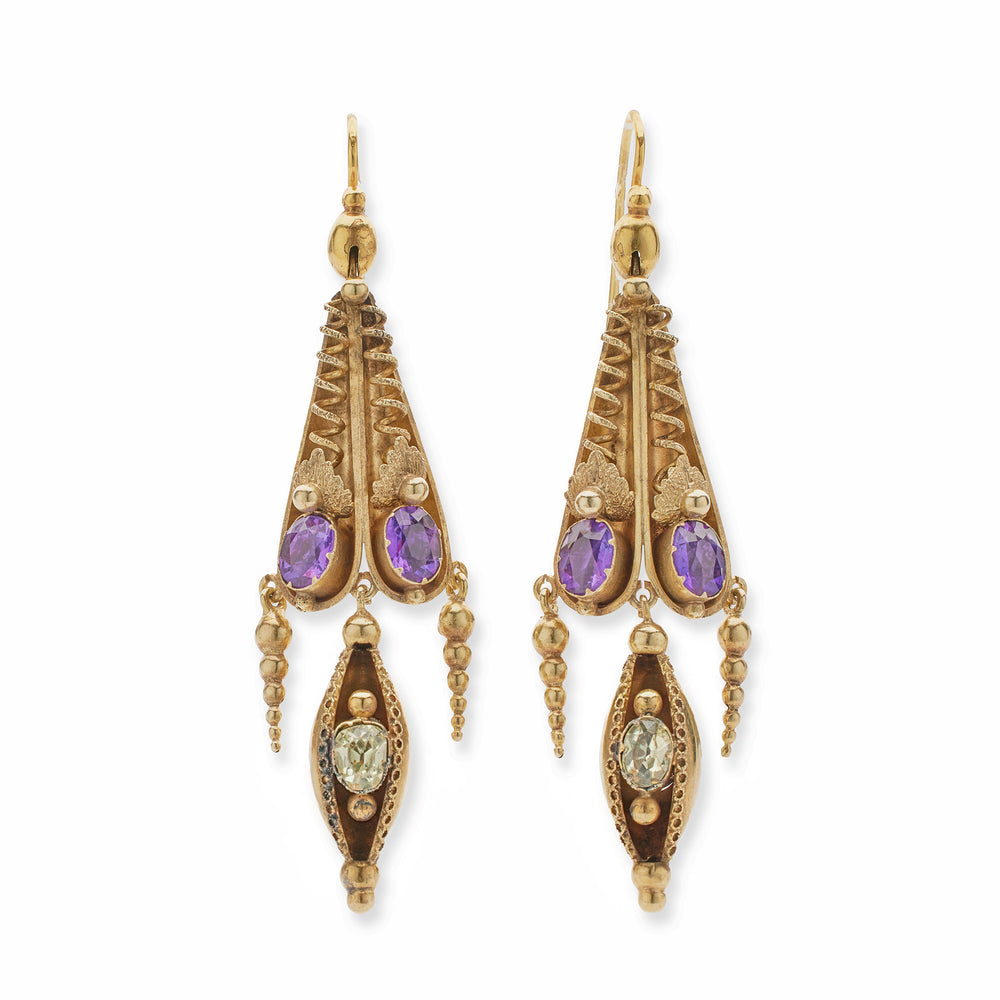 
                      
                        Macklowe Gallery English 15k Gold Amethyst and Green Chrosberyl Pendant Earrings
                      
                    