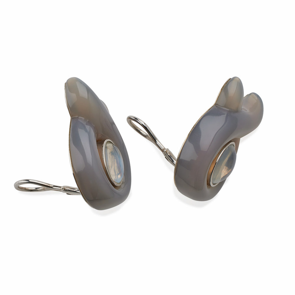 
                      
                        Macklowe Gallery Verdura Moonstone and Carved Chalcedony "Twisted Ribbon" Clip Earrings
                      
                    