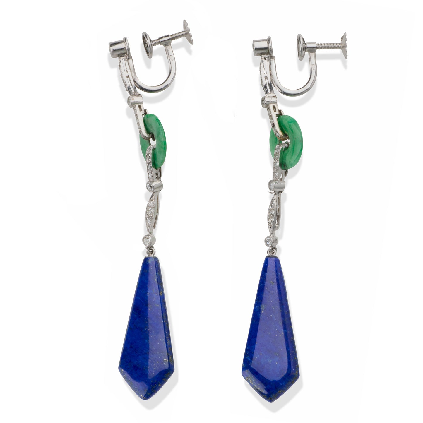 Macklowe Gallery French Art Deco Lapis, Jadeite and Diamond Pendant Earrings