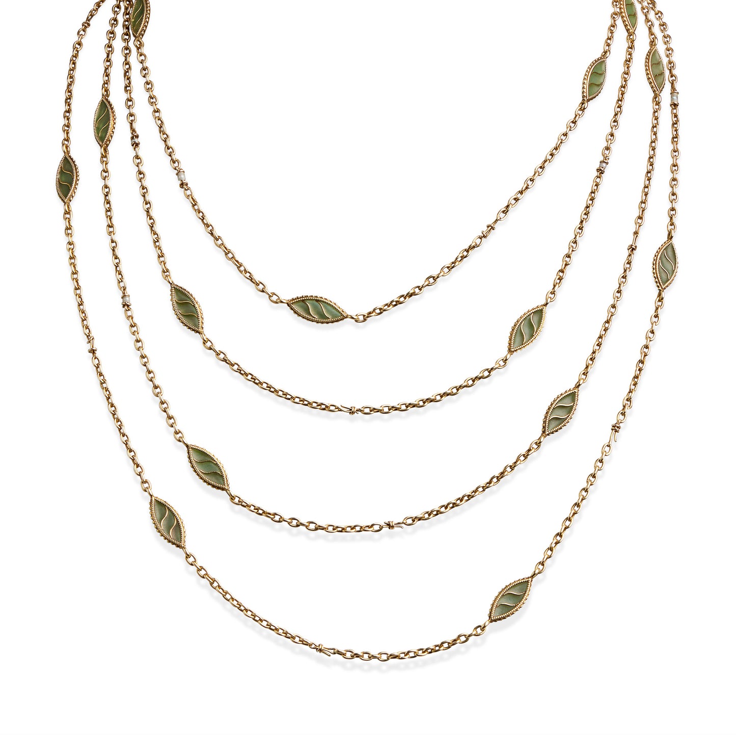 Macklowe Gallery French Art Nouveau 18K Gold and Plique-à-jour Enamel Longchain Necklace