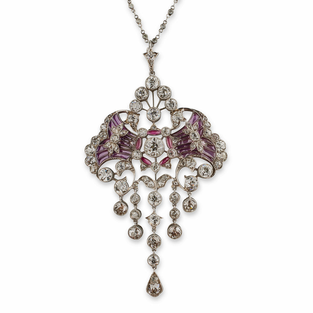 
                      
                        Macklowe Gallery Edwardian Diamond and Plique-à-jour Enamel Pendant Necklace
                      
                    