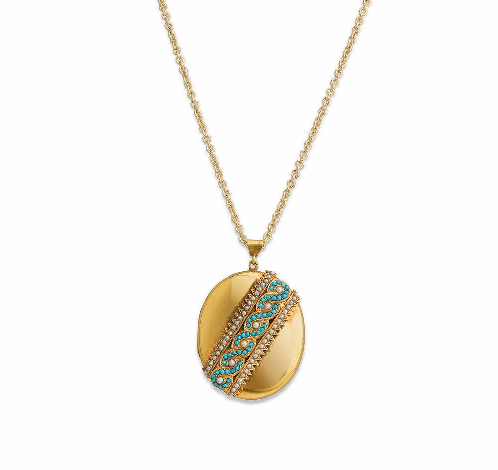 Macklowe Gallery Antique Turquoise and Seed Pearl Pendant Locket