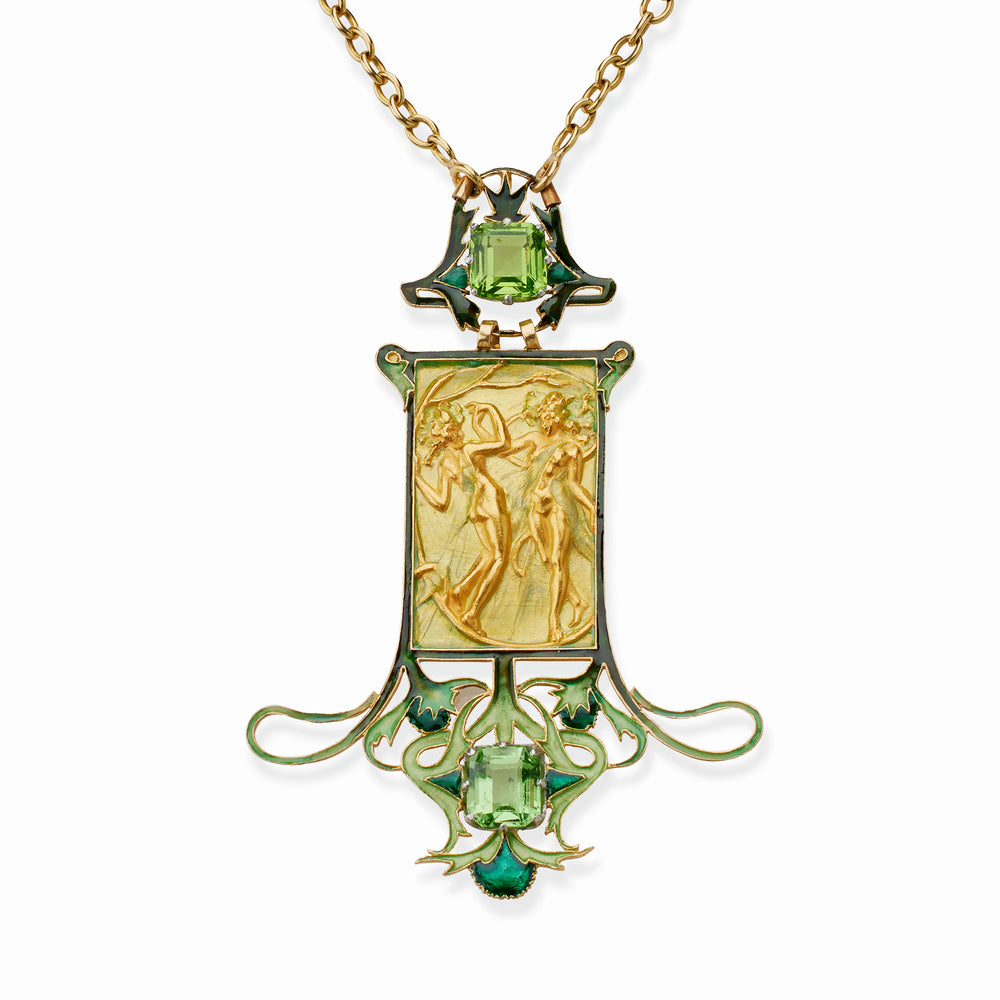 Macklowe Gallery René Lalique 18K Gold Peridot and Enamel Pendant Dancing Figures Pendant Necklace