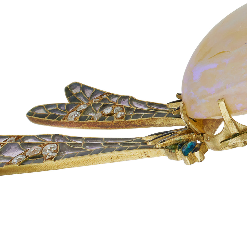 
                      
                        Macklowe Gallery René Lalique Art Nouveau Plique-à-jour Enamel, Fire Opal and Diamond Damselfly "Demoiselles" Pendant 
                      
                    