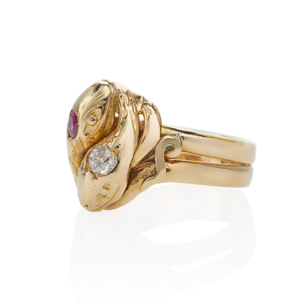 
                      
                        Macklowe Gallery Antique 18K Gold, Ruby and Diamond Double Snake Ring
                      
                    