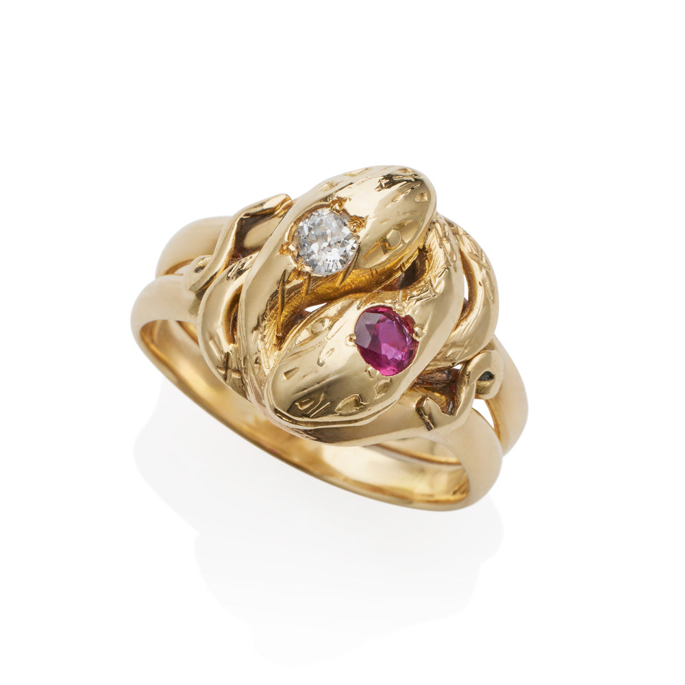 
                      
                        Macklowe Gallery Antique 18K Gold, Ruby and Diamond Double Snake Ring
                      
                    