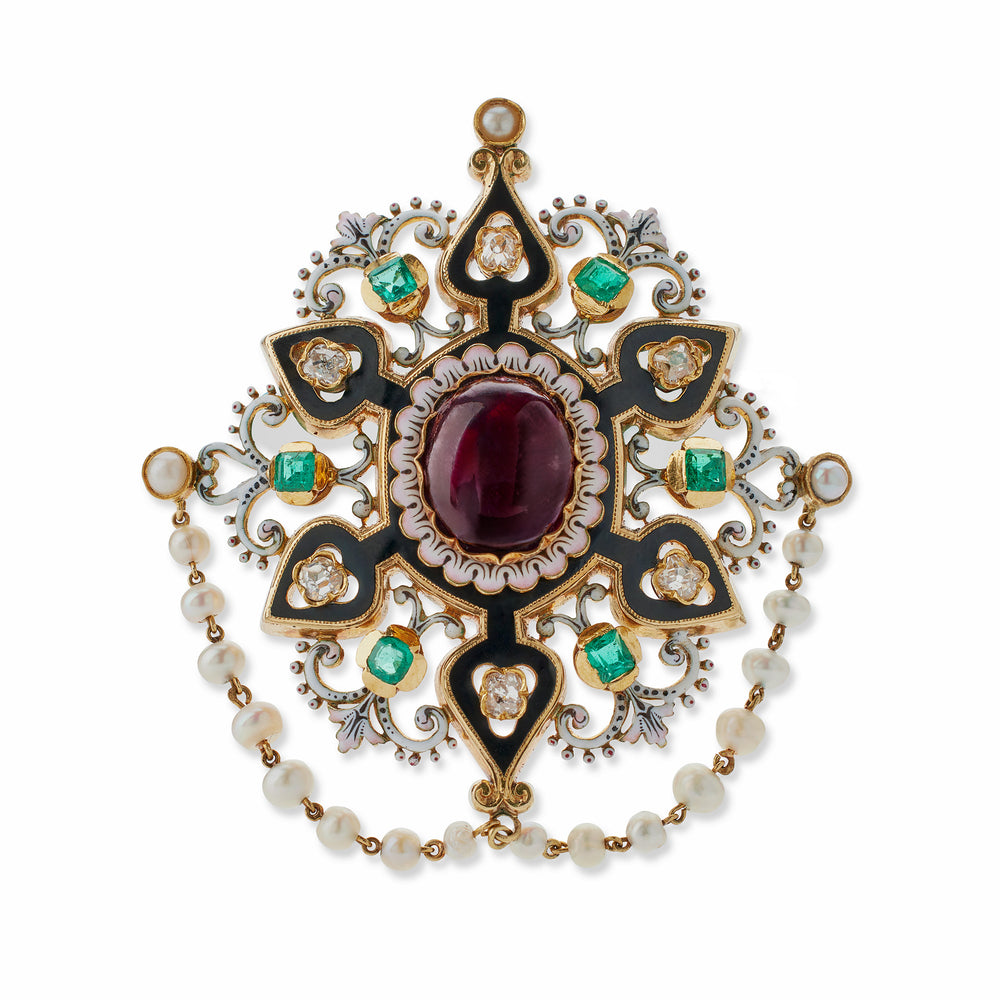 
                      
                        Macklowe Gallery French Renaissance Revival "Holbeinesque" Garnet, Diamond and Enamel Day/Night Girandole Pendant Earrings and Brooch
                      
                    