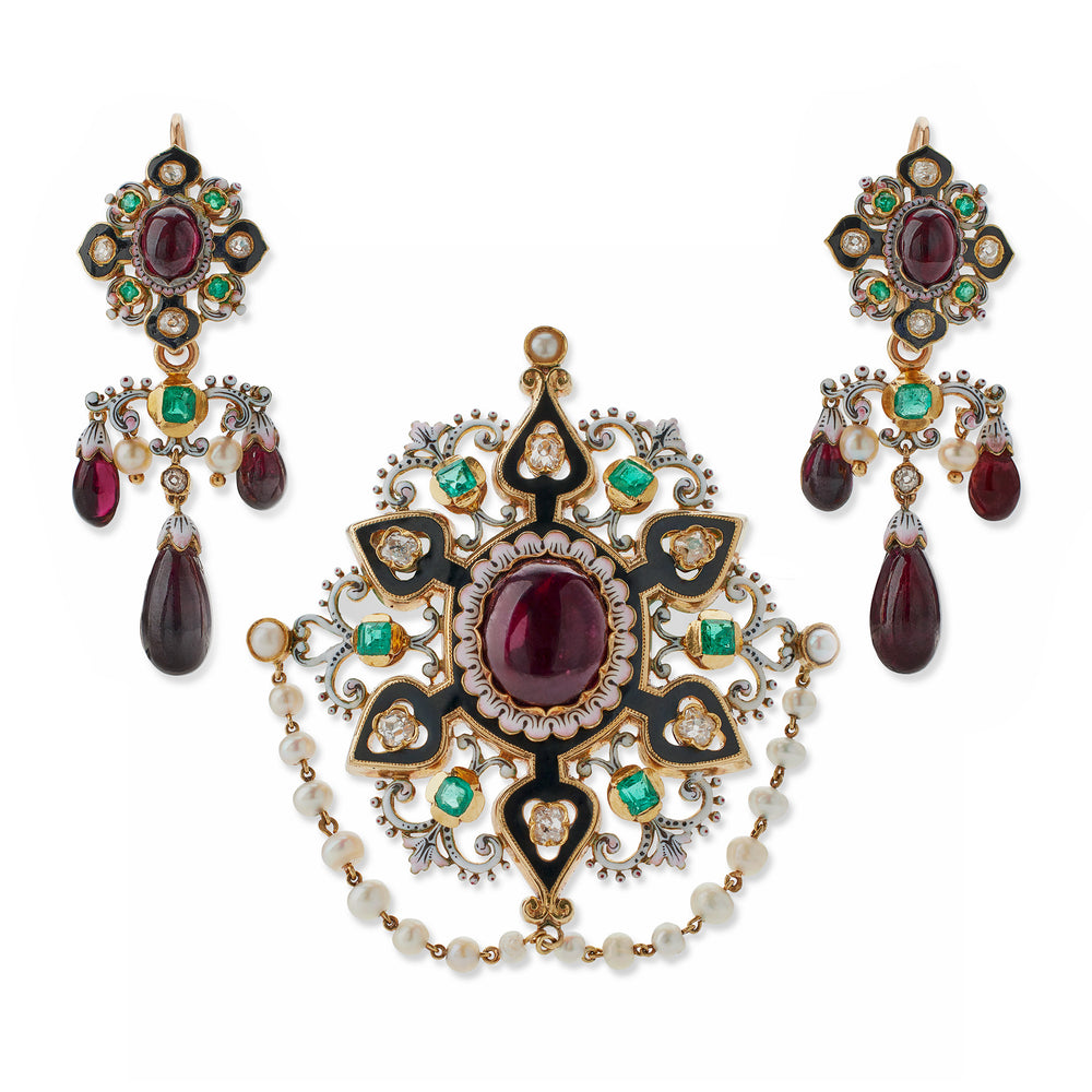 
                      
                        Macklowe Gallery French Renaissance Revival "Holbeinesque" Garnet, Diamond and Enamel Day/Night Girandole Pendant Earrings and Brooch
                      
                    