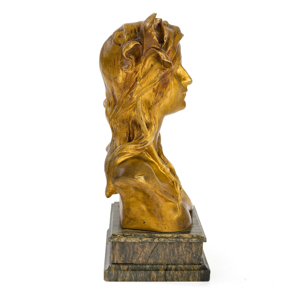 
                      
                        Macklowe Gallery Maurice Bouval "Woman with Iris" Gilt Bronze & Marble Bust
                      
                    