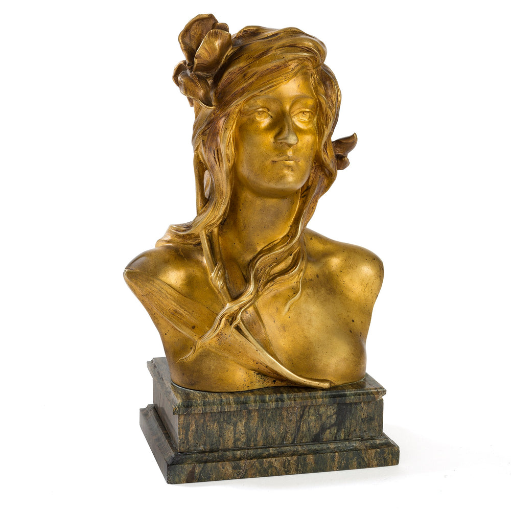 
                      
                        Macklowe Gallery Maurice Bouval "Woman with Iris" Gilt Bronze & Marble Bust
                      
                    